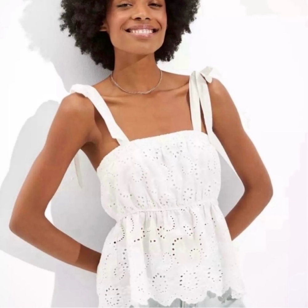 NWT American Eagle White Eyelet Tie-Strap Babydoll Top